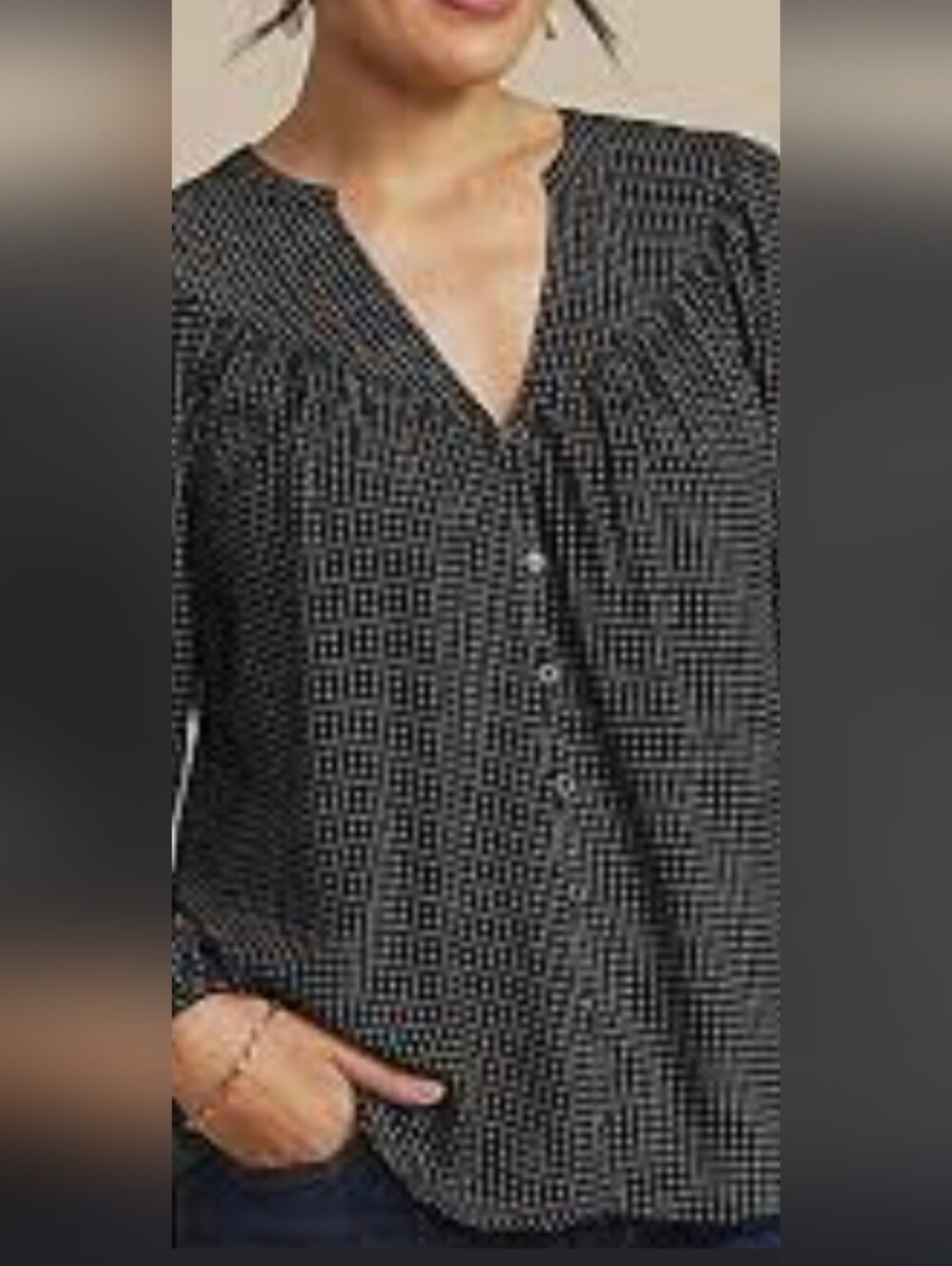 Womens Black Patterned Button-Front Top. WORN ONCE